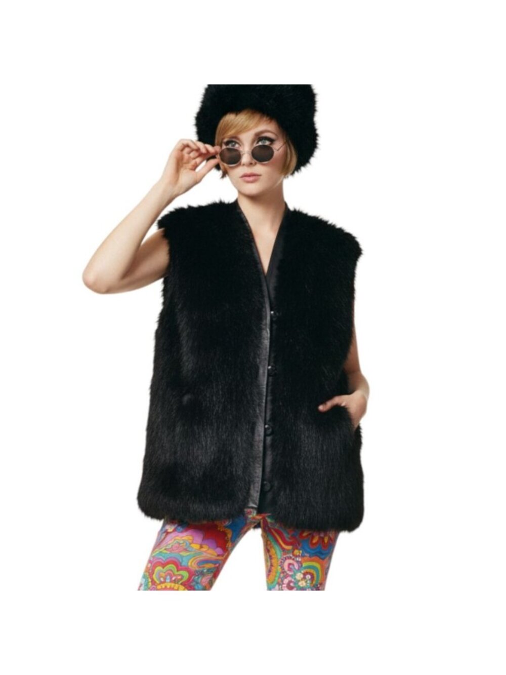 Adolph Schuman Lilli Ann Faux Fur Leather Trimmed Vest Retro Bohemian Funky